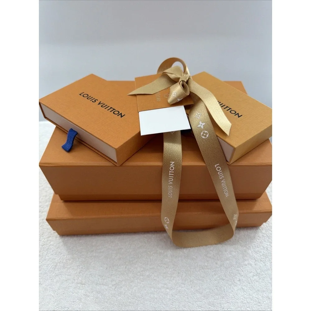 Empty Louis Vuitton Orange Gift Box Set of 4 w/ Blue Ribbon, Rectangle Cardboard